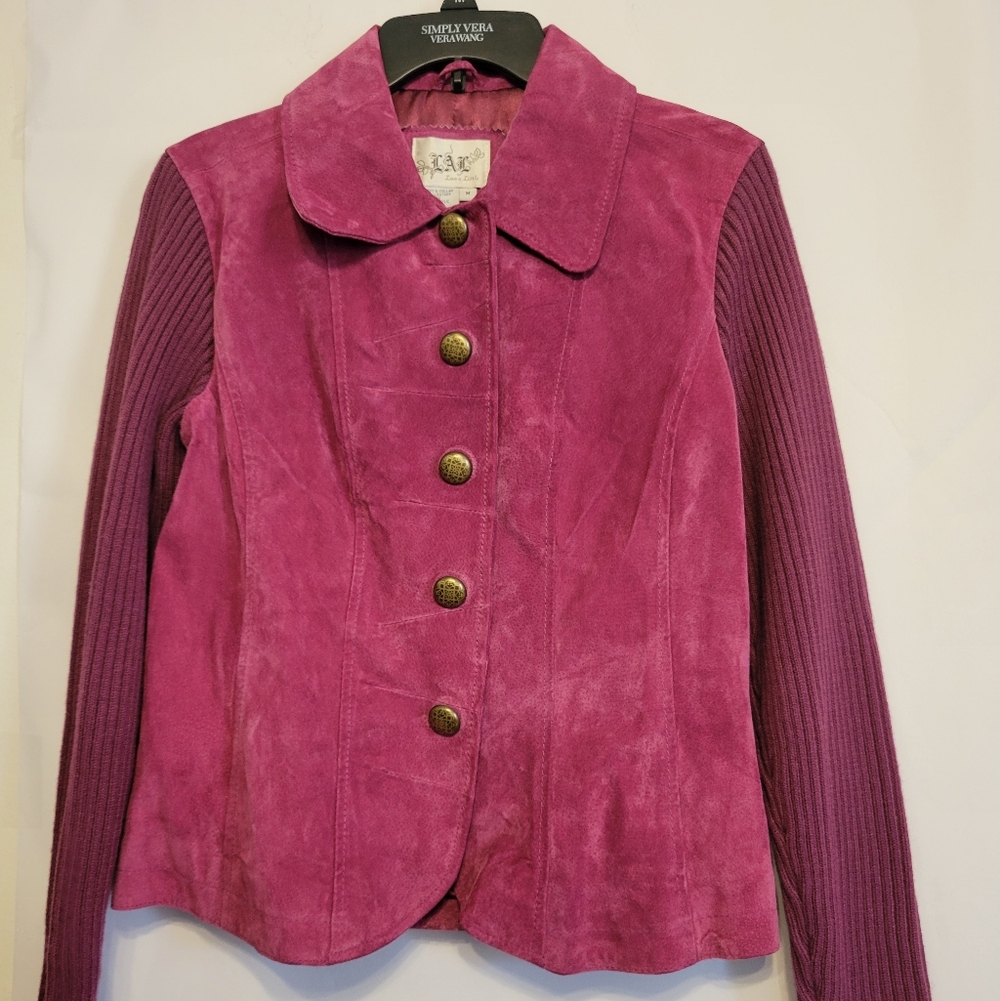 Live a little suede Jacket Womens Medium M Mauve Ribbed Sleeve Nwot Snap Buttons